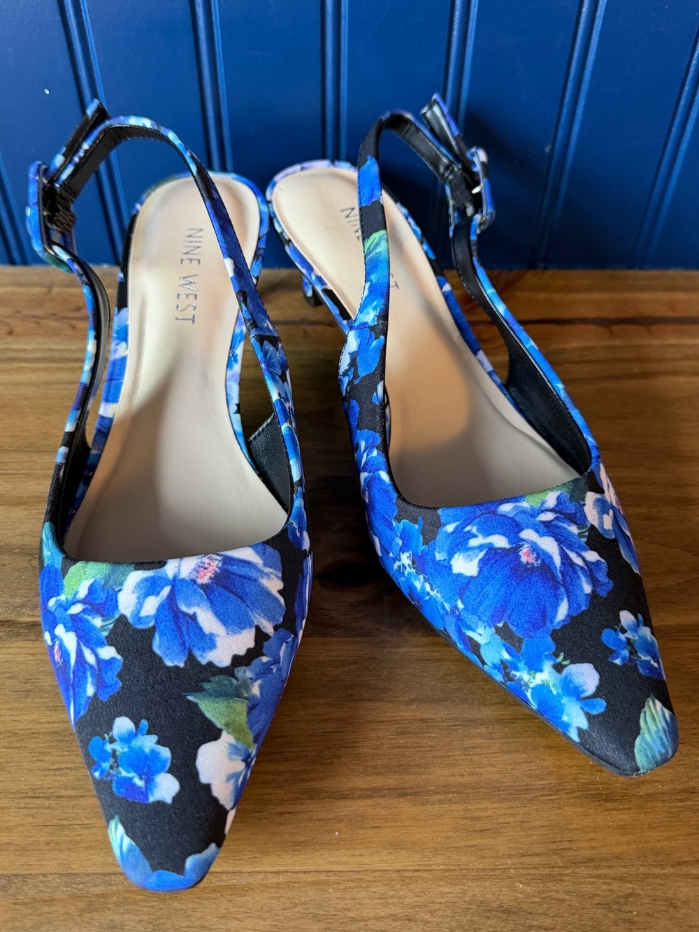 Nine West YAZZA2 Blue Floral Slingback Pumps Heels Size 7W